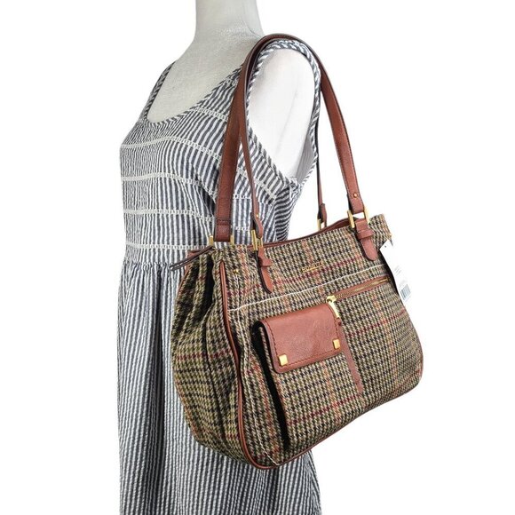 NWT ROSETTI Brown Hunter Plaid Tweed Kayla Satchel Shoulder Bag Purse Handbag - Picture 2 of 13